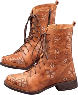 Boots for Women Printed Embroidery Boots Slipper Round Toe Chunky Heel Boots Outdoor Lace Up Mid Calf Boots