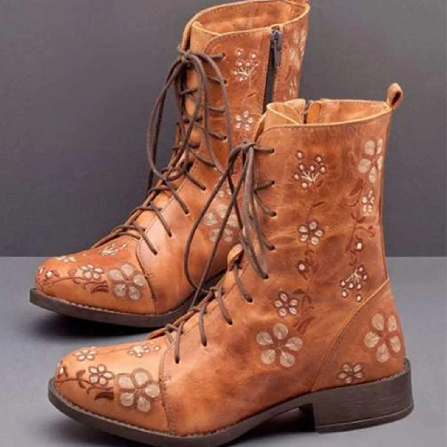 Boots for Women Printed Embroidery Boots Slipper Round Toe Chunky Heel Boots Outdoor Lace Up Mid Calf Boots