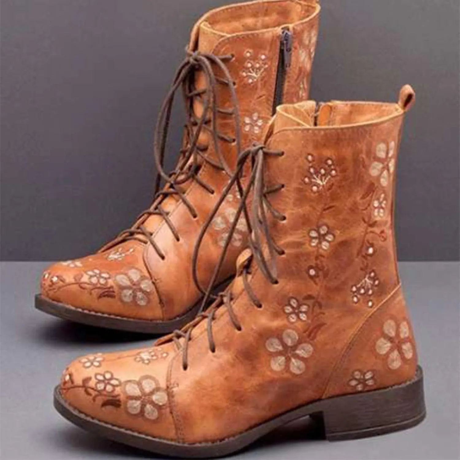 Boots for Women Printed Embroidery Boots Slipper Round Toe Chunky Heel Boots Outdoor Lace Up Mid Calf Boots
