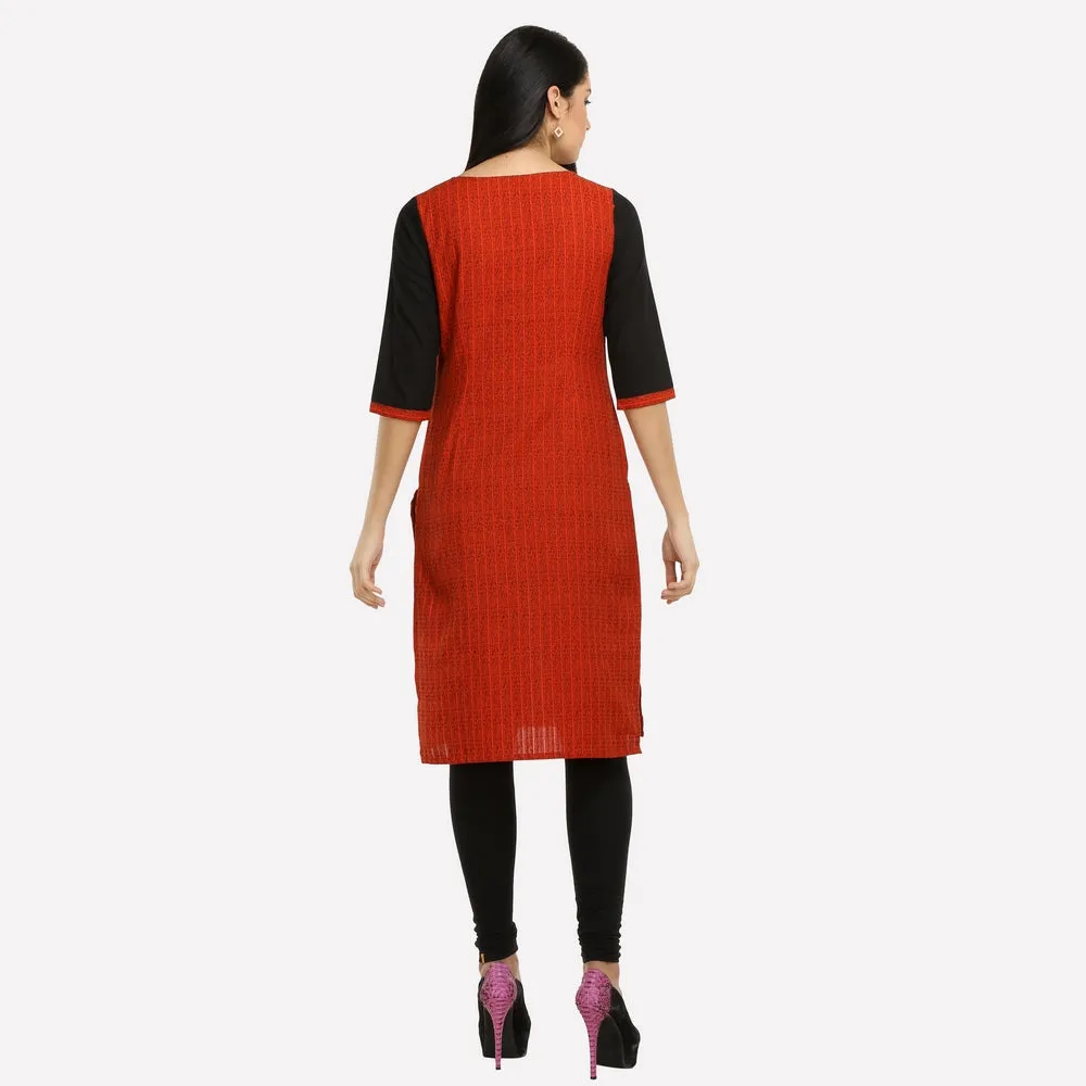 Brick Red & Black Colorblock Printed kurta