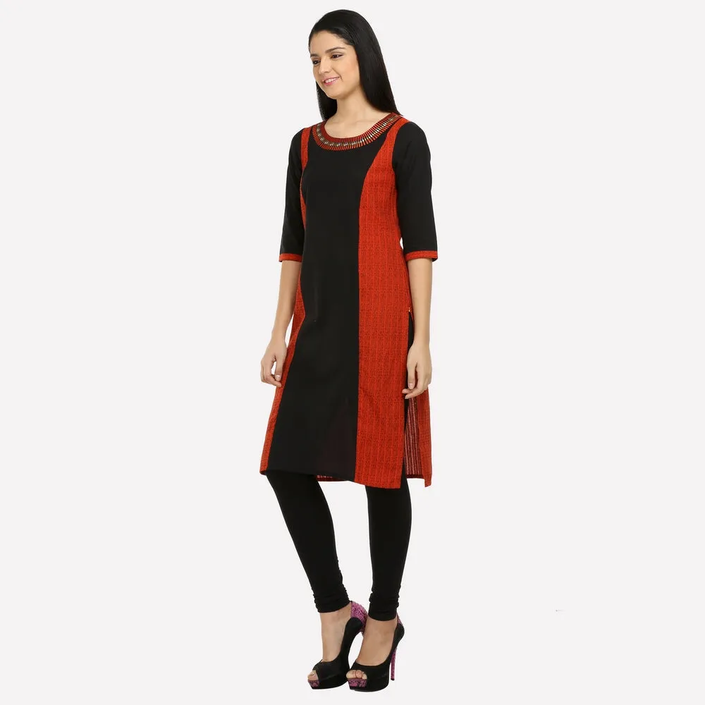 Brick Red & Black Colorblock Printed kurta