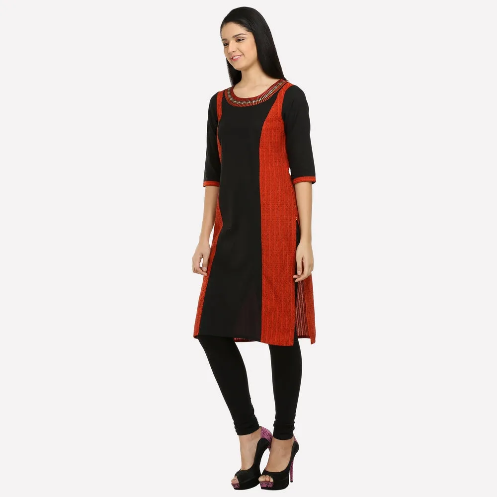 Brick Red & Black Colorblock Printed kurta