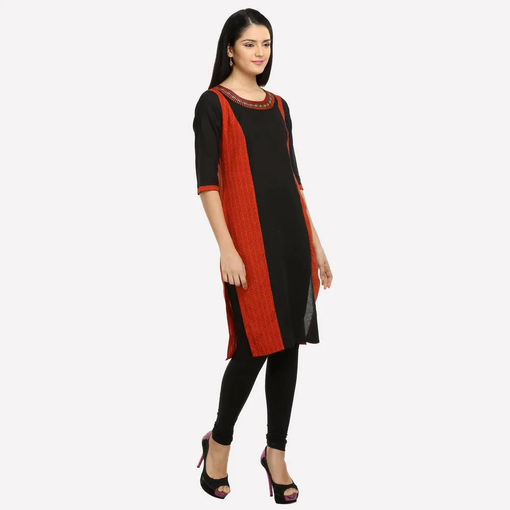 Brick Red & Black Colorblock Printed kurta
