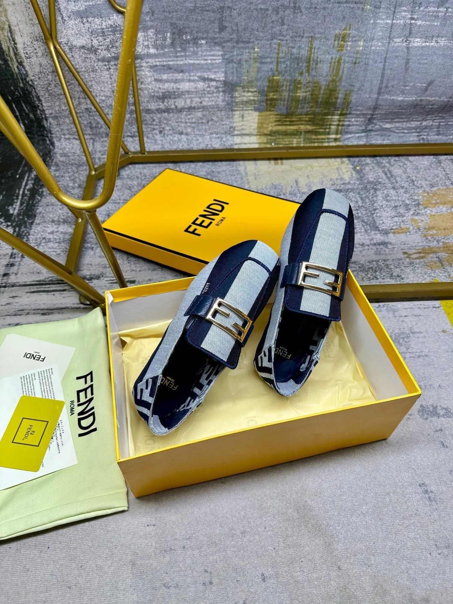 CANVAS WHITE BLUE IN NAVY GOLD FENDI BAGUETTE No-hassle exchange FENDI Time-sensitive offer LOAFERS MIX HARDWARE