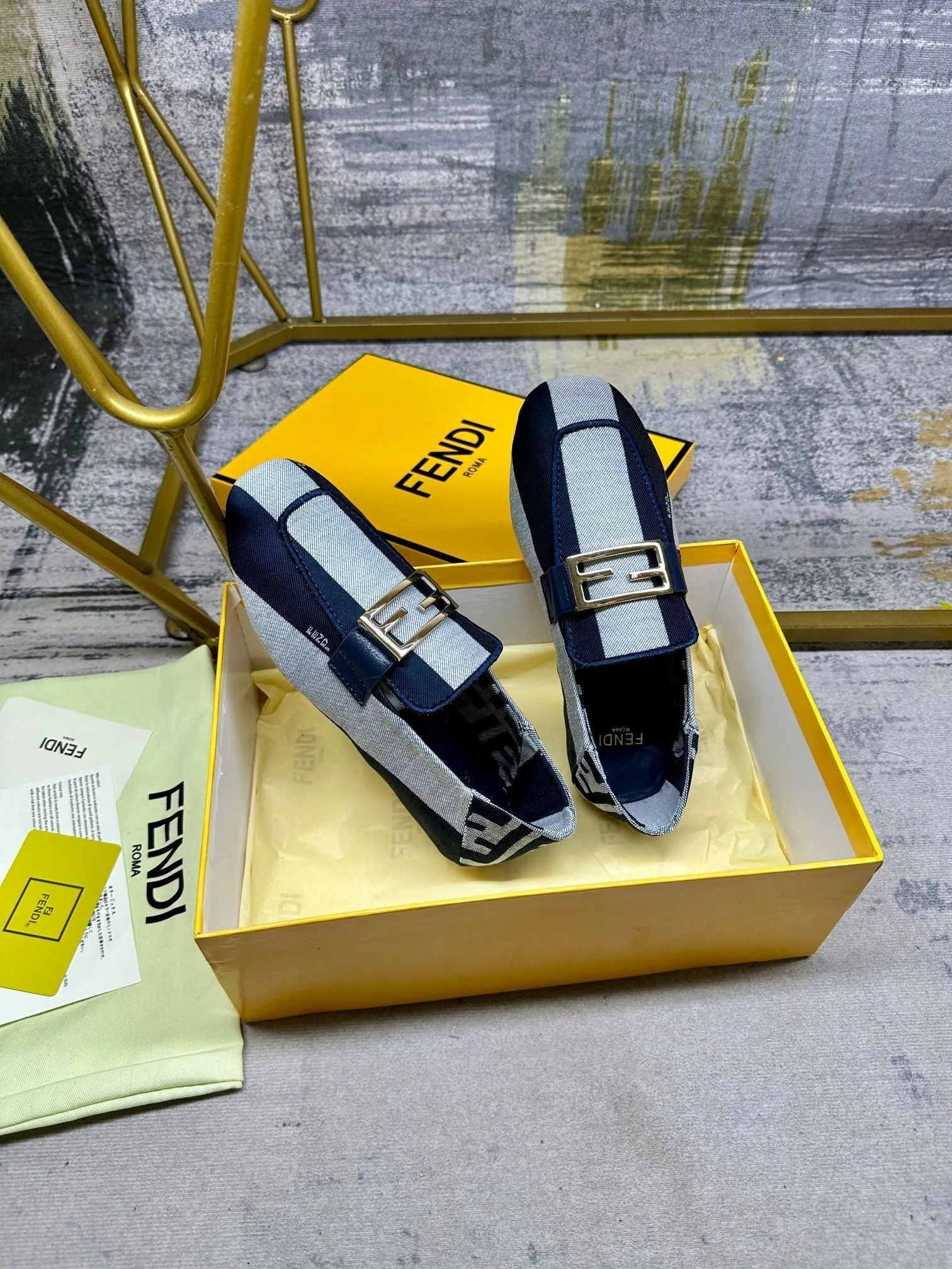CANVAS WHITE BLUE IN NAVY GOLD FENDI BAGUETTE No-hassle exchange FENDI Time-sensitive offer LOAFERS MIX HARDWARE