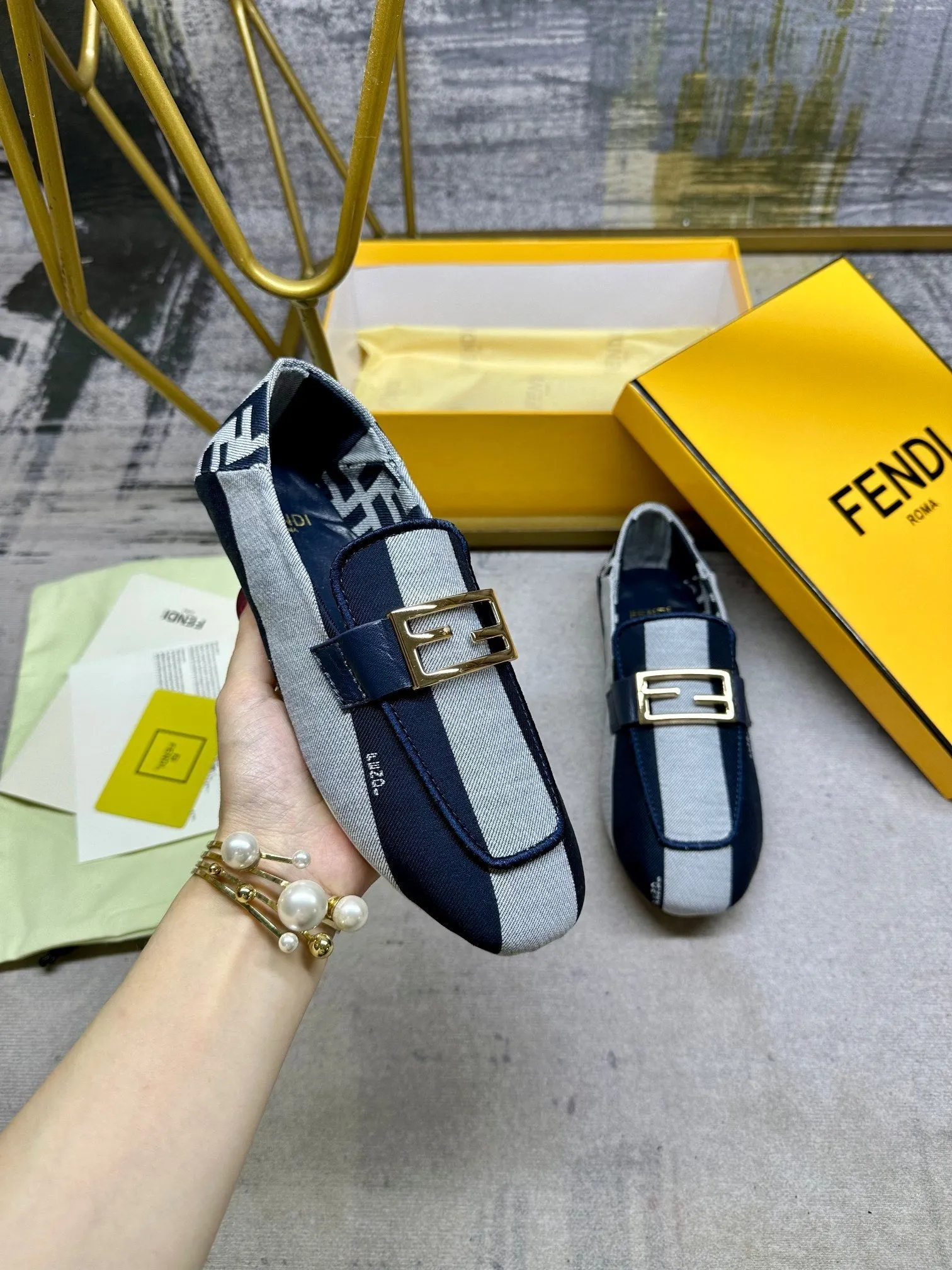CANVAS WHITE BLUE IN NAVY GOLD FENDI BAGUETTE No-hassle exchange FENDI Time-sensitive offer LOAFERS MIX HARDWARE