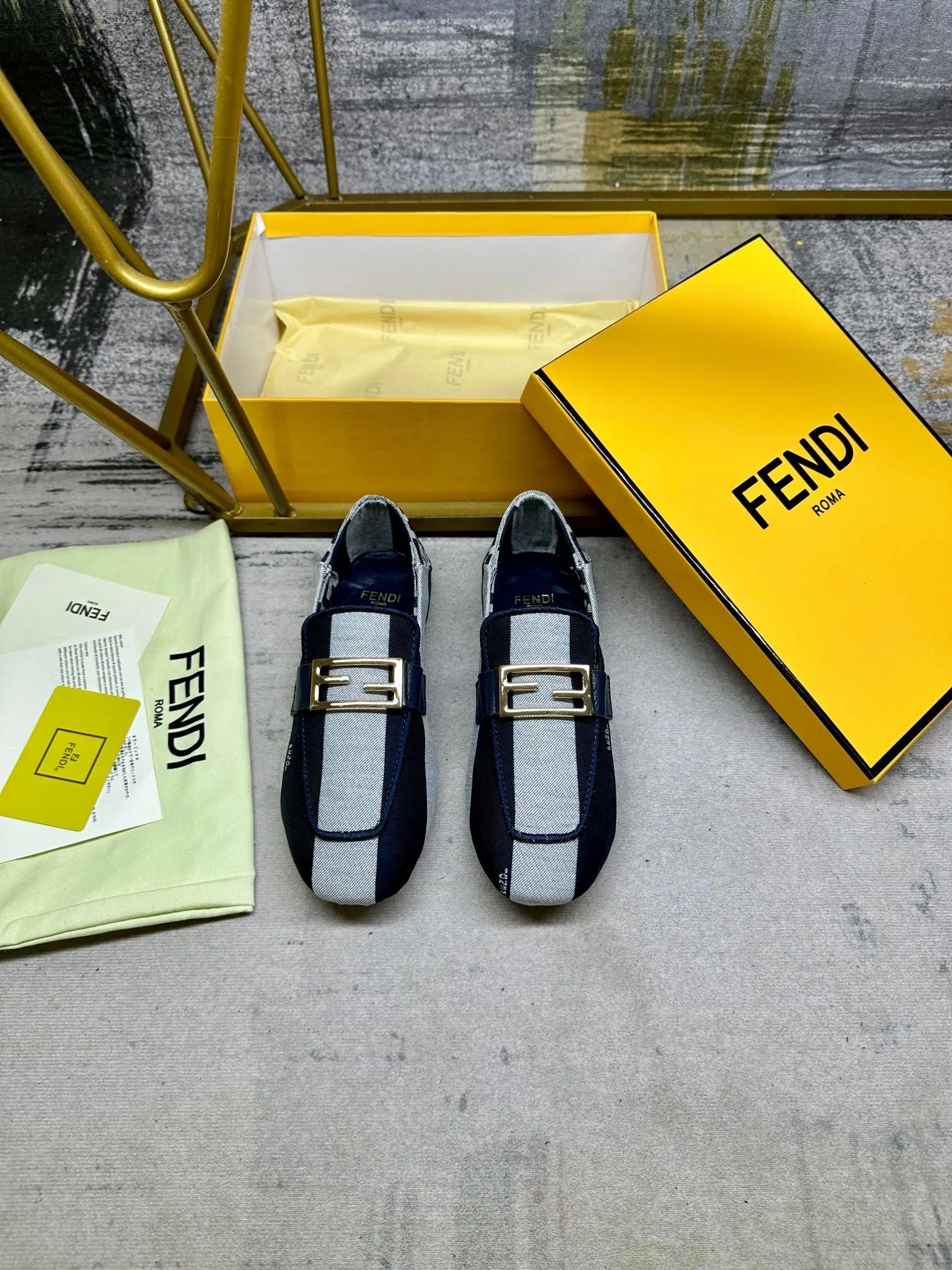 CANVAS WHITE BLUE IN NAVY GOLD FENDI BAGUETTE No-hassle exchange FENDI Time-sensitive offer LOAFERS MIX HARDWARE