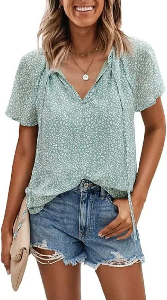 CERYIWER Women's Short Sleeve Casual Shirts Boho Floral Print V Neck Tops Loose Blouses
