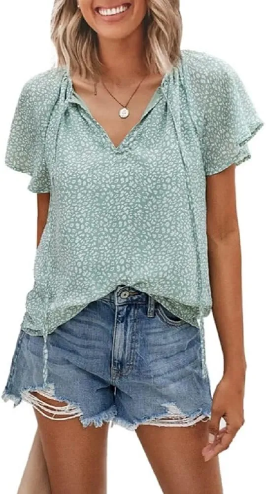 CERYIWER Women's Short Sleeve Casual Shirts Boho Floral Print V Neck Tops Loose Blouses