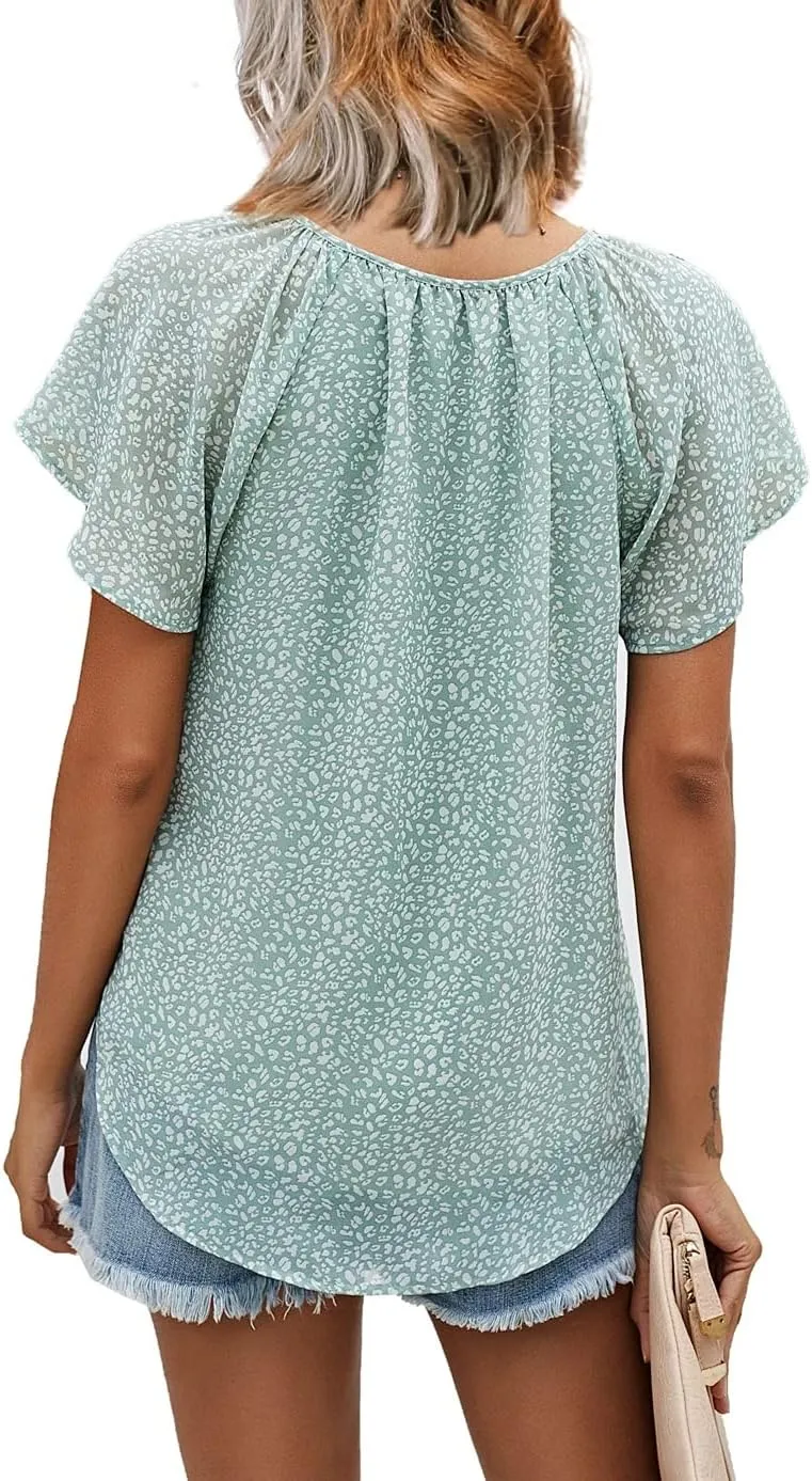 CERYIWER Women's Short Sleeve Casual Shirts Boho Floral Print V Neck Tops Loose Blouses