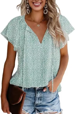 CERYIWER Women's Short Sleeve Casual Shirts Boho Floral Print V Neck Tops Loose Blouses