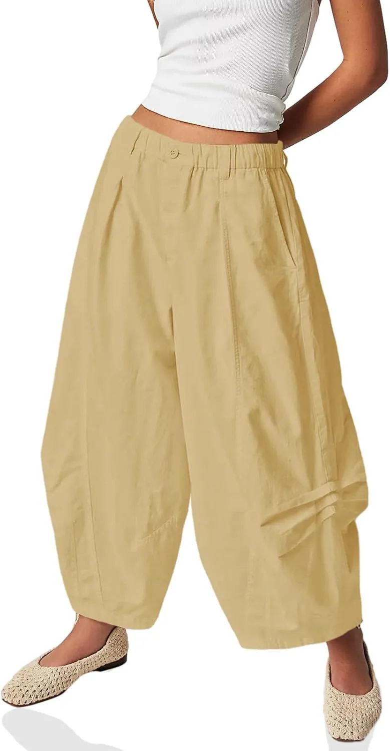 Cicy Bell Womens Harem Pants Casual Baggy Elastic Waist Wide Leg Beach Pants with Pockets