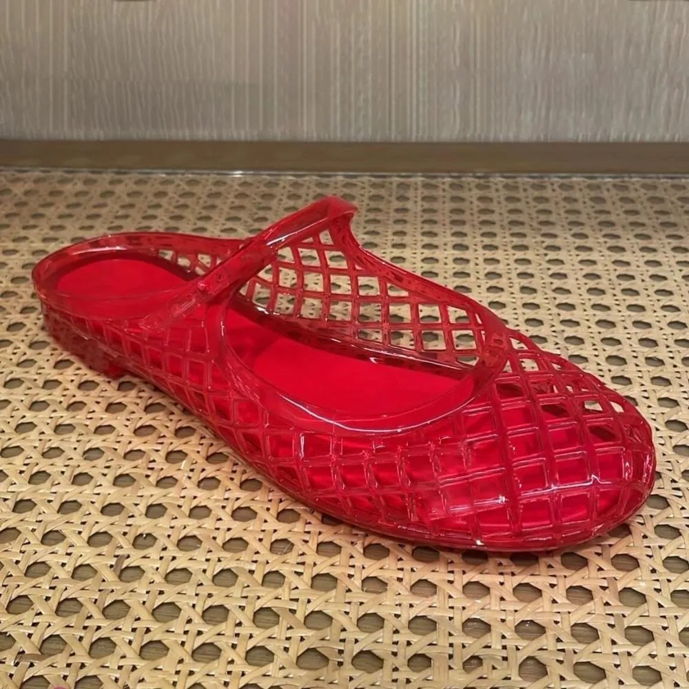 Clear Jelly Sandals for Women Platform Jelly Mules Hollow Water Slides Slip on House Slippers with Straps Wide Round Toes Lightweight Breathable No Slip Summer Dress Shoes Beach Party Cruise Vacation