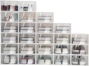 Clear Stackable Shoe Boxes 24-Pack Plastic, Foldable Ventilated Shoe Storage Containers with Snap Lids - Space-Saving Organizer for Sneakers & Accessories