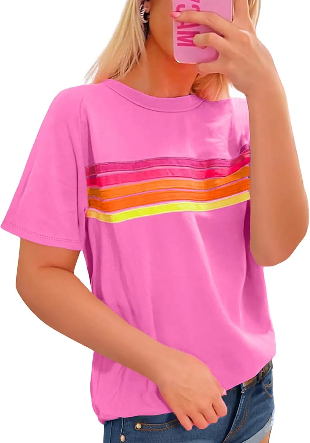 CORIRESHA Women's Fashion Rainbow Striped T-Shirt Crewneck Short Sleeve Casual Summer Top