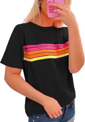 CORIRESHA Women's Fashion Rainbow Striped T-Shirt Crewneck Short Sleeve Casual Summer Top