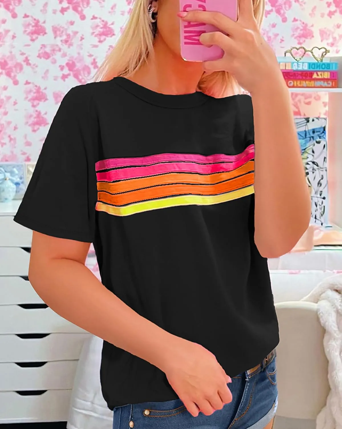 CORIRESHA Women's Fashion Rainbow Striped T-Shirt Crewneck Short Sleeve Casual Summer Top