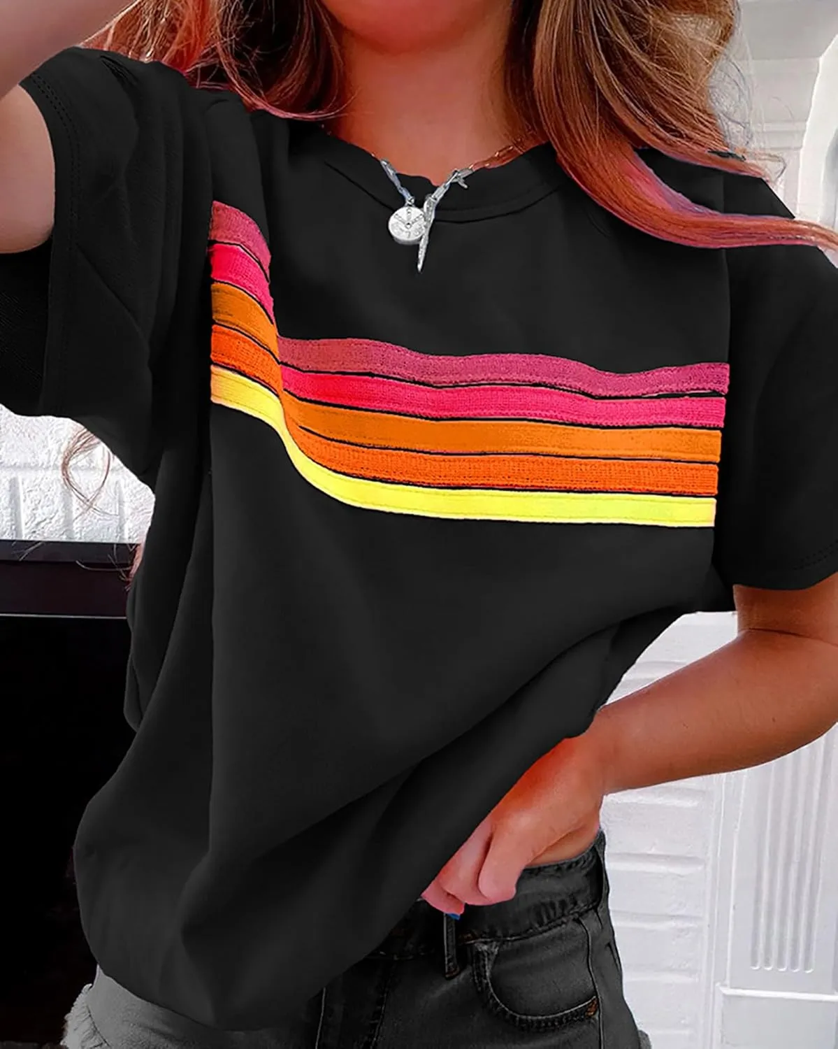 CORIRESHA Women's Fashion Rainbow Striped T-Shirt Crewneck Short Sleeve Casual Summer Top