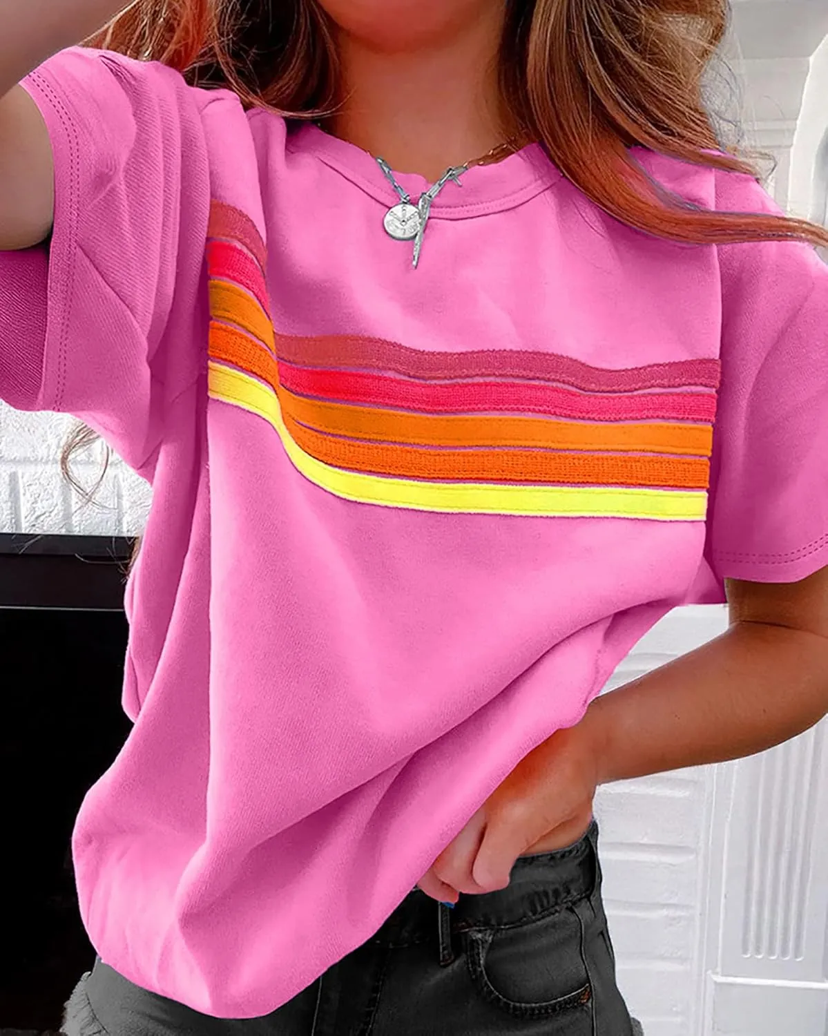 CORIRESHA Women's Fashion Rainbow Striped T-Shirt Crewneck Short Sleeve Casual Summer Top