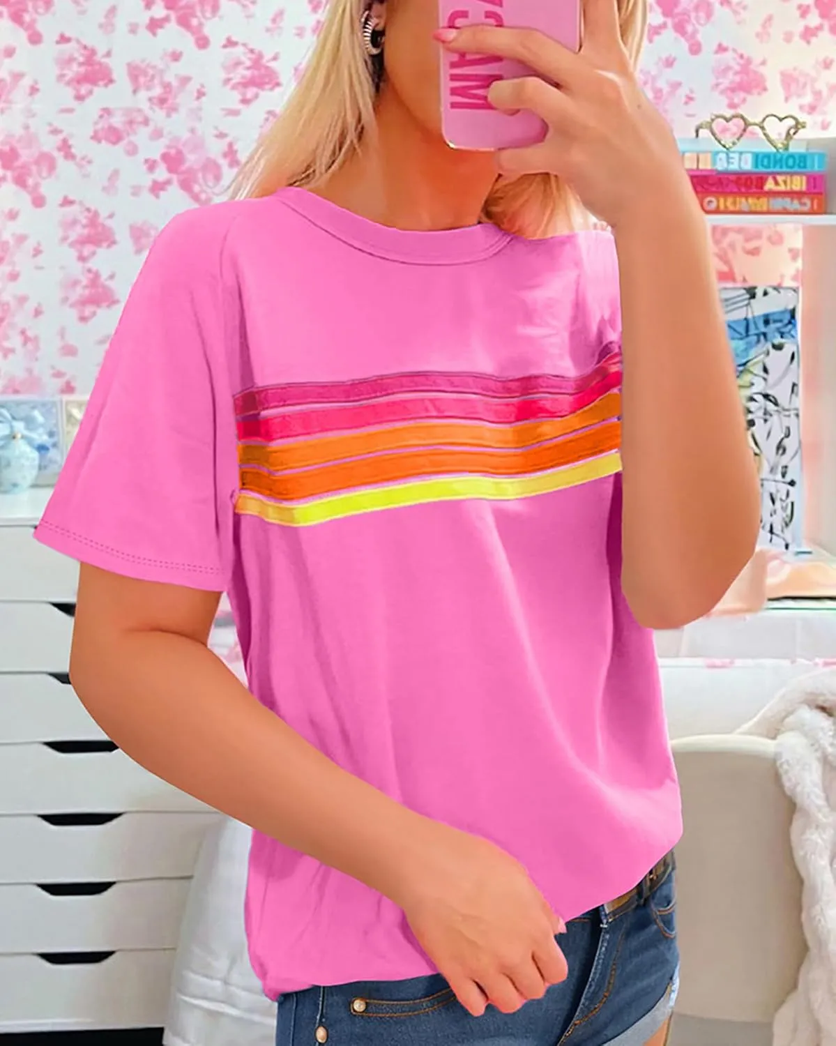 CORIRESHA Women's Fashion Rainbow Striped T-Shirt Crewneck Short Sleeve Casual Summer Top