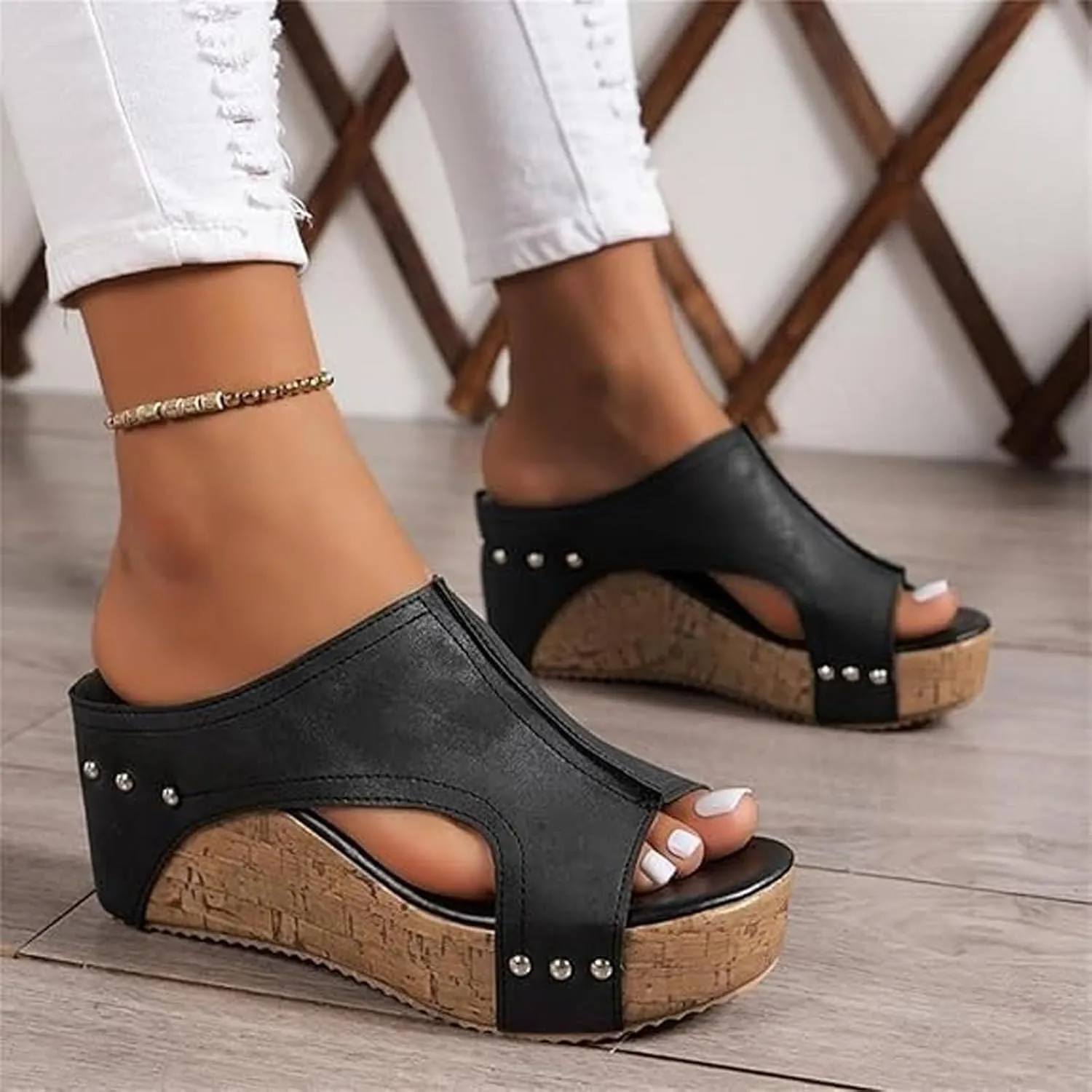 Cork Wedges & Platform Slides,Cork Wedge Sandals For Women, Thick Sole Comfy Leather Wedge Non-Slip Summer Slippers