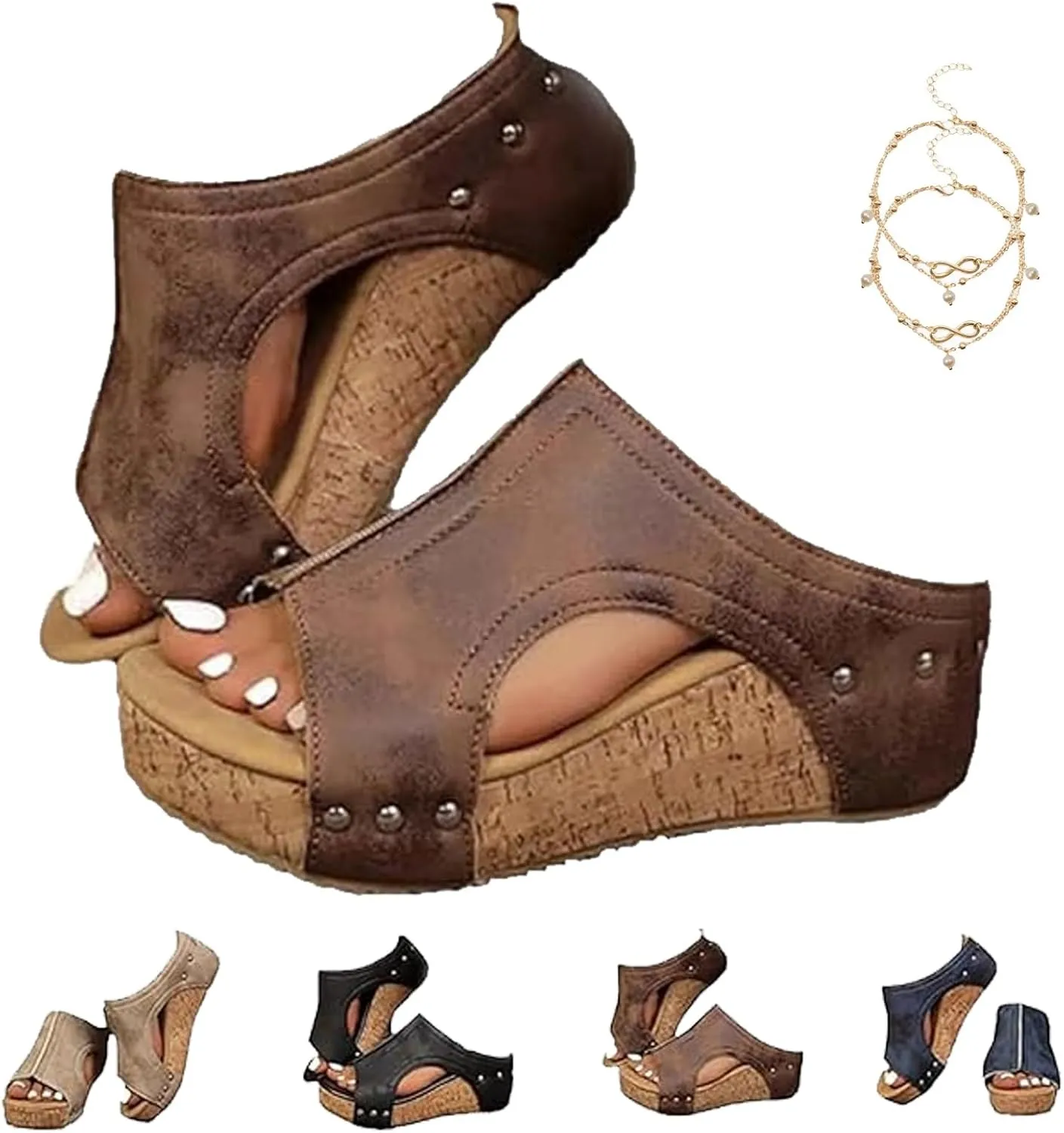 Cork Wedges & Platform Slides,Cork Wedge Sandals For Women, Thick Sole Comfy Leather Wedge Non-Slip Summer Slippers