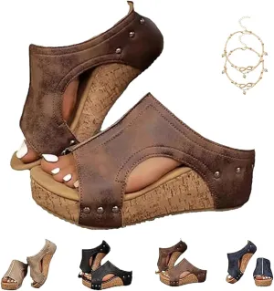 Cork Wedges & Platform Slides,Cork Wedge Sandals For Women, Thick Sole Comfy Leather Wedge Non-Slip Summer Slippers