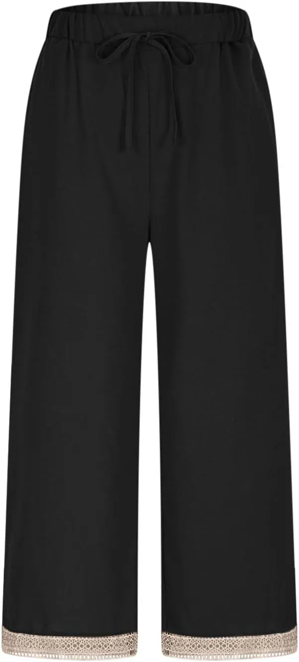 Cotton Linen Pants for Women 2025 Wide Leg Capri Palazzo Lounge Trousers High Waist Drawstring Flowy Pant