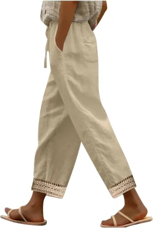 Cotton Linen Pants for Women 2025 Wide Leg Capri Palazzo Lounge Trousers High Waist Drawstring Flowy Pant