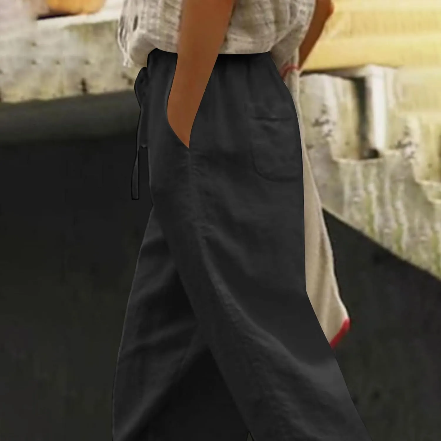Cotton Linen Pants for Women 2025 Wide Leg Capri Palazzo Lounge Trousers High Waist Drawstring Flowy Pant