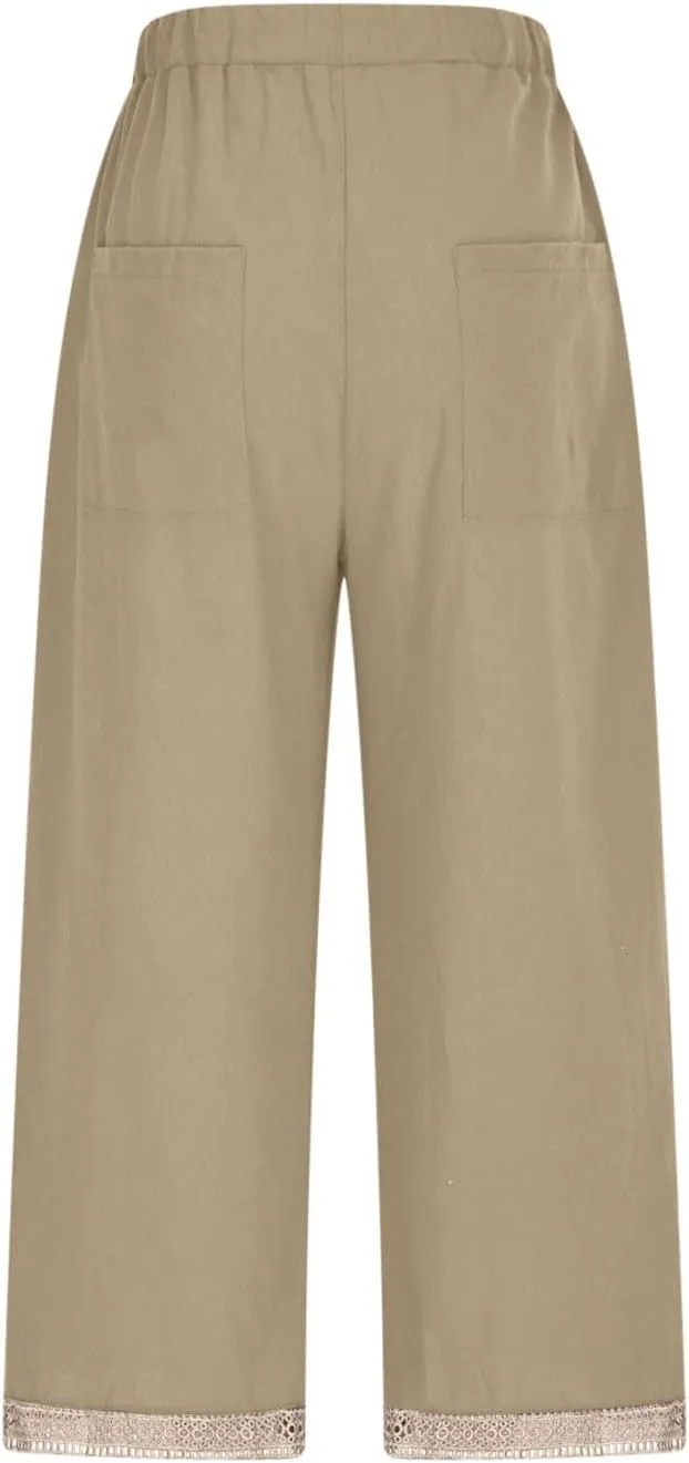 Cotton Linen Pants for Women 2025 Wide Leg Capri Palazzo Lounge Trousers High Waist Drawstring Flowy Pant