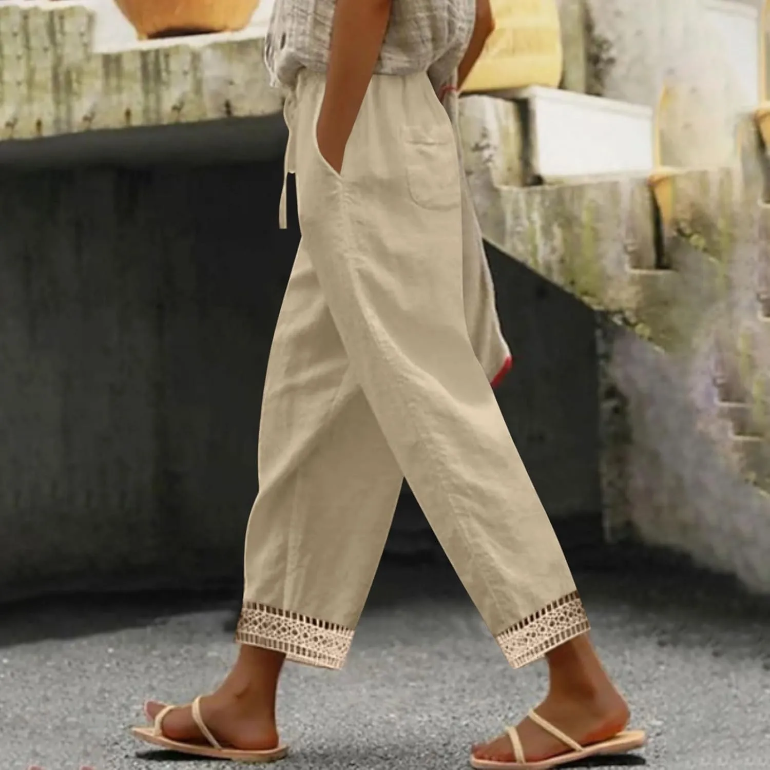 Cotton Linen Pants for Women 2025 Wide Leg Capri Palazzo Lounge Trousers High Waist Drawstring Flowy Pant