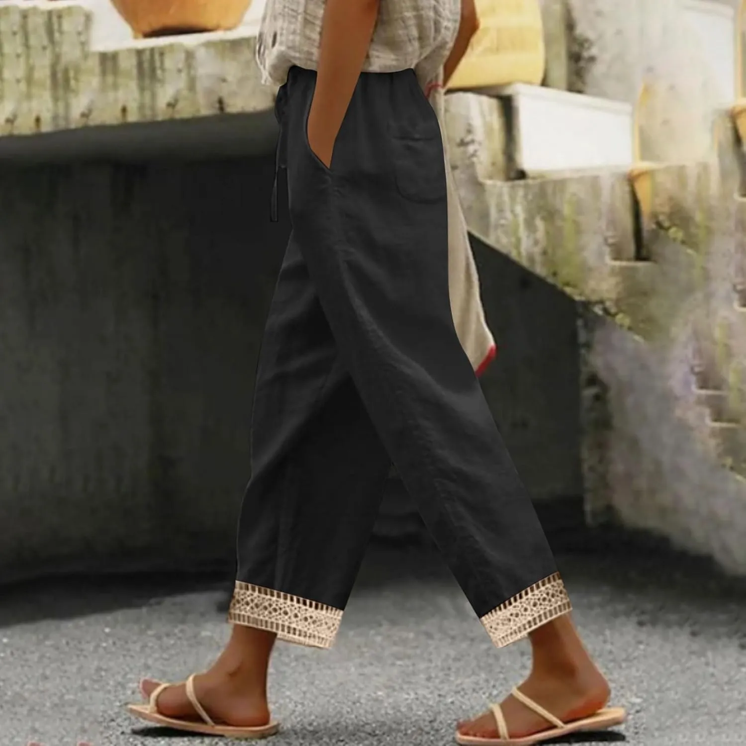Cotton Linen Pants for Women 2025 Wide Leg Capri Palazzo Lounge Trousers High Waist Drawstring Flowy Pant