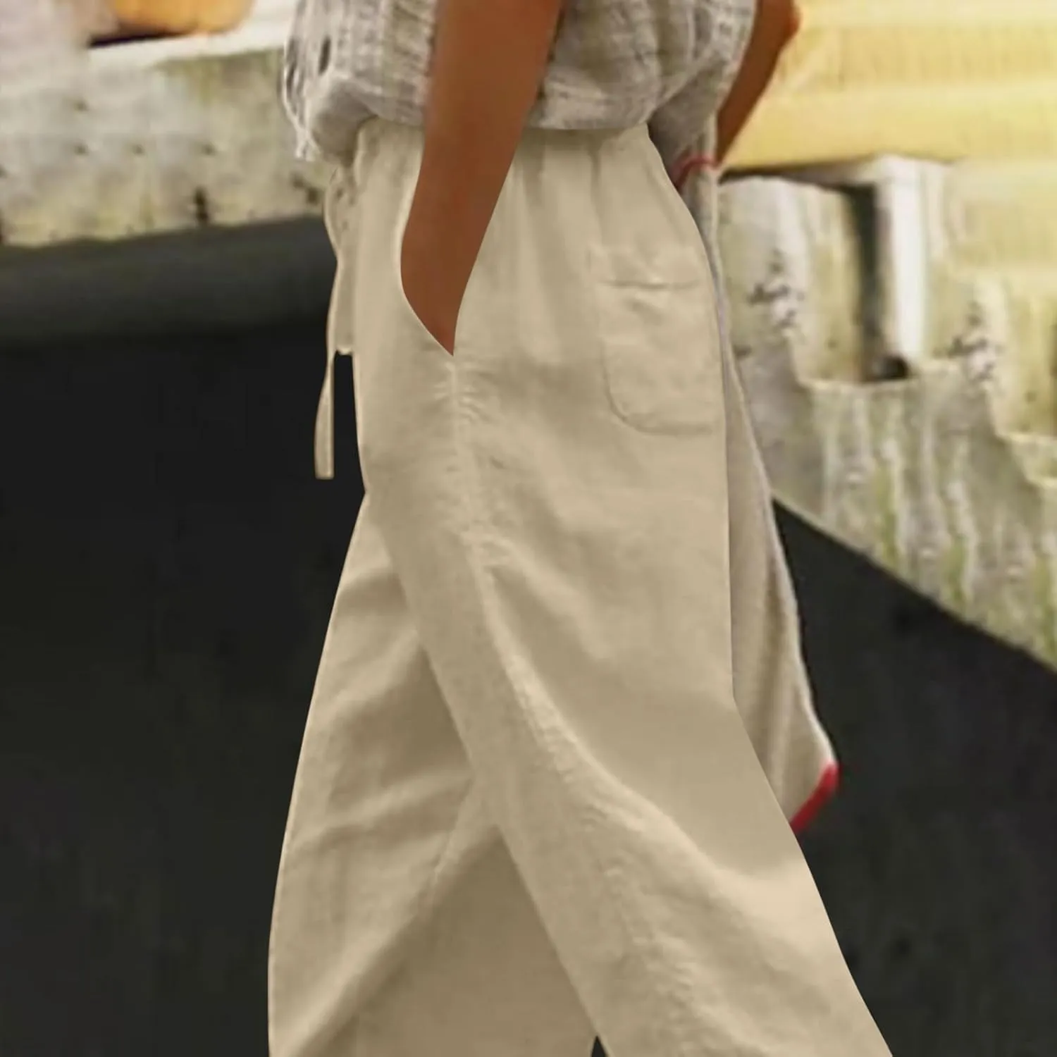 Cotton Linen Pants for Women 2025 Wide Leg Capri Palazzo Lounge Trousers High Waist Drawstring Flowy Pant