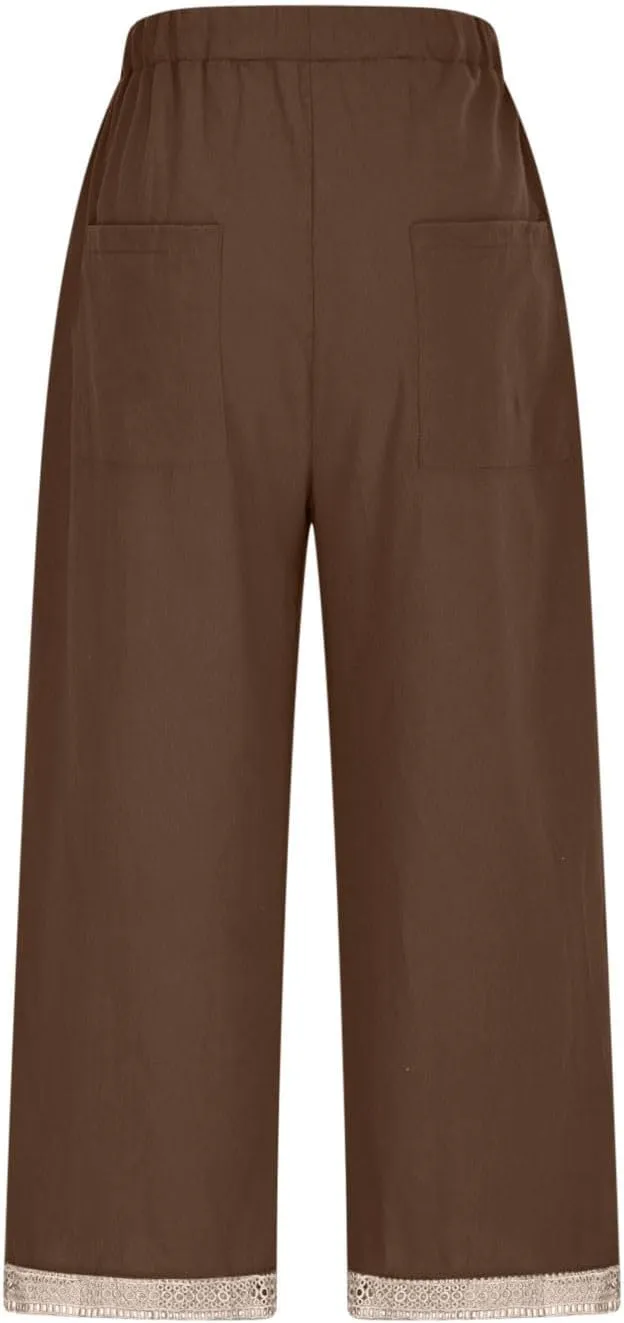 Cotton Linen Pants for Women 2025 Wide Leg Capri Palazzo Lounge Trousers High Waist Drawstring Flowy Pant