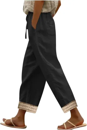 Cotton Linen Pants for Women 2025 Wide Leg Capri Palazzo Lounge Trousers High Waist Drawstring Flowy Pant