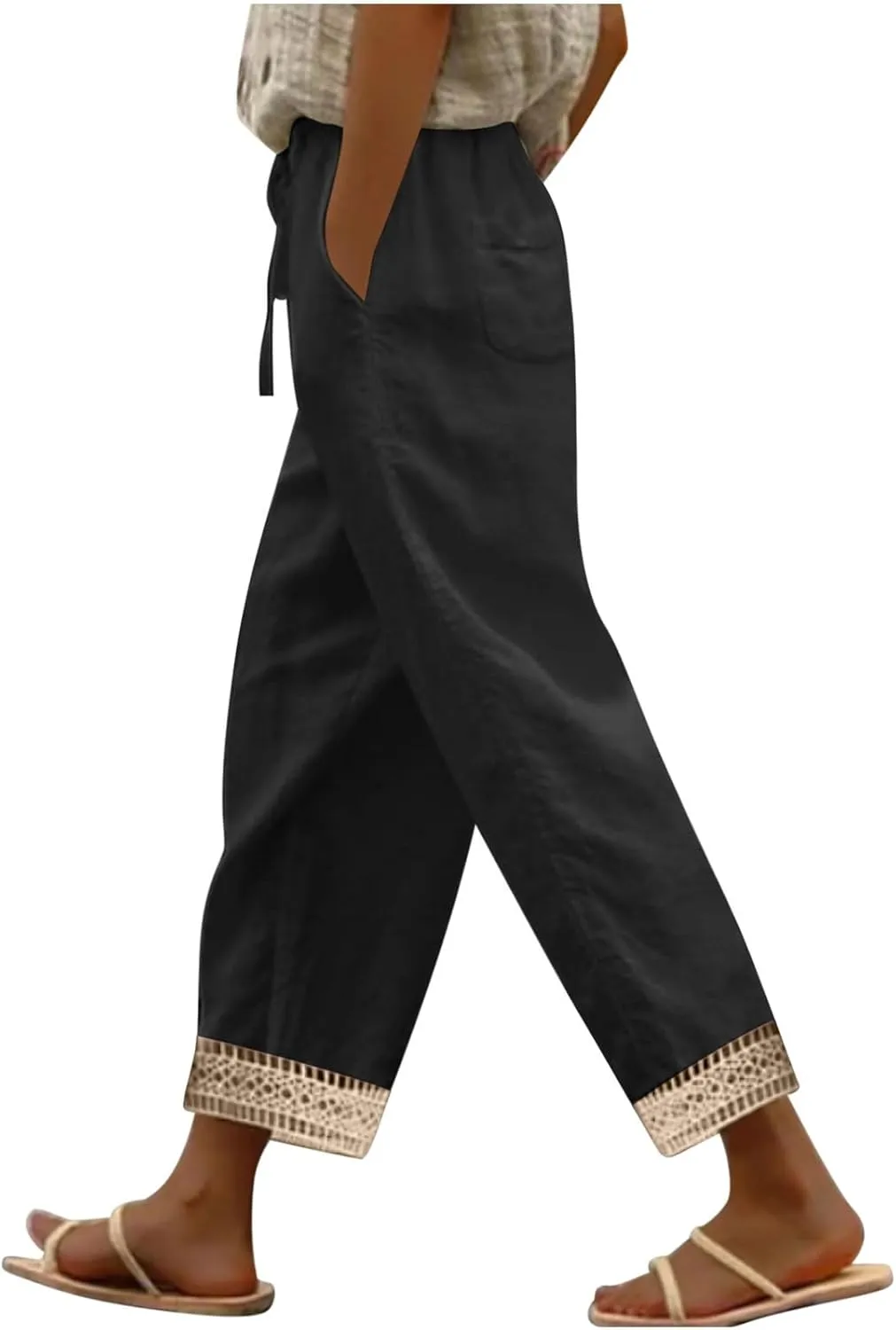 Cotton Linen Pants for Women 2025 Wide Leg Capri Palazzo Lounge Trousers High Waist Drawstring Flowy Pant