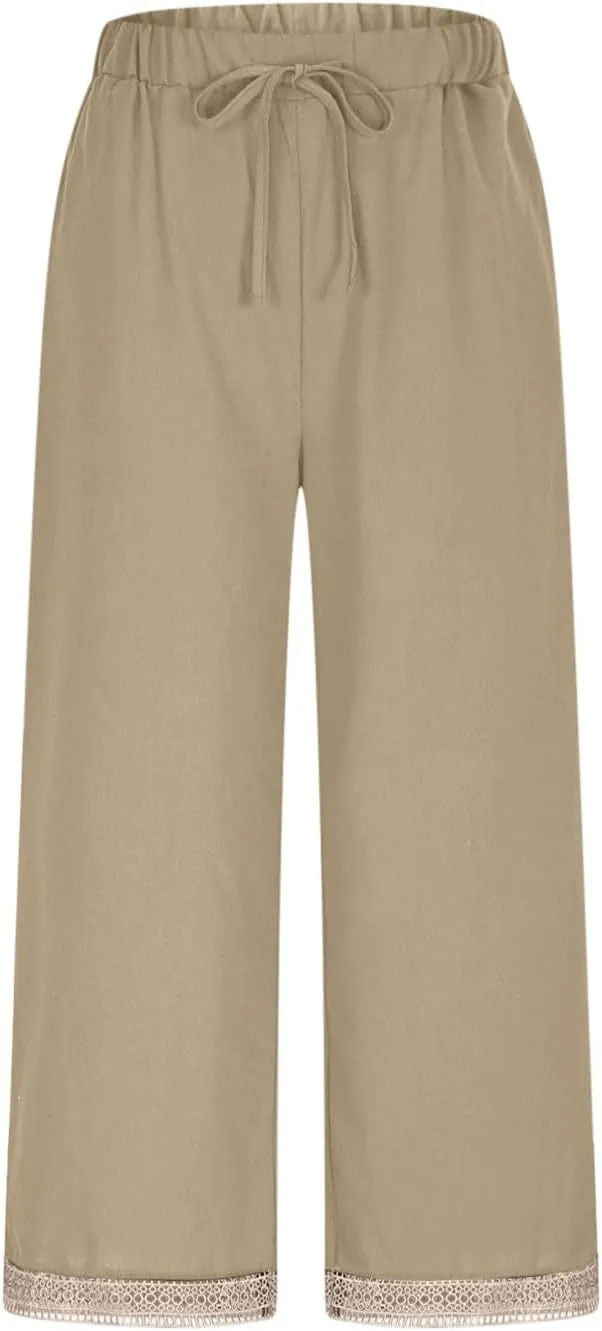 Cotton Linen Pants for Women 2025 Wide Leg Capri Palazzo Lounge Trousers High Waist Drawstring Flowy Pant