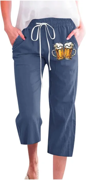 Cotton Linen Pants for Women Casual Summer Capris Drawstring High Waist Pant Cute Print Wide Leg Trousers with Pocket