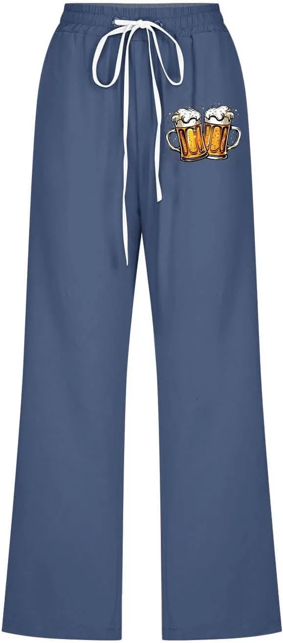 Cotton Linen Pants for Women Casual Summer Capris Drawstring High Waist Pant Cute Print Wide Leg Trousers with Pocket