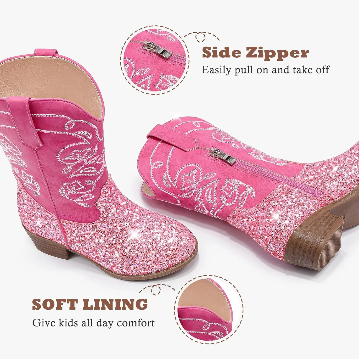 Cowgirl Boots for Girls Mid Calf Youth Girl Cowboy Western Boots Pointed Toe Embroidered for Horse Riding Country Party Toddler Little Big Kids