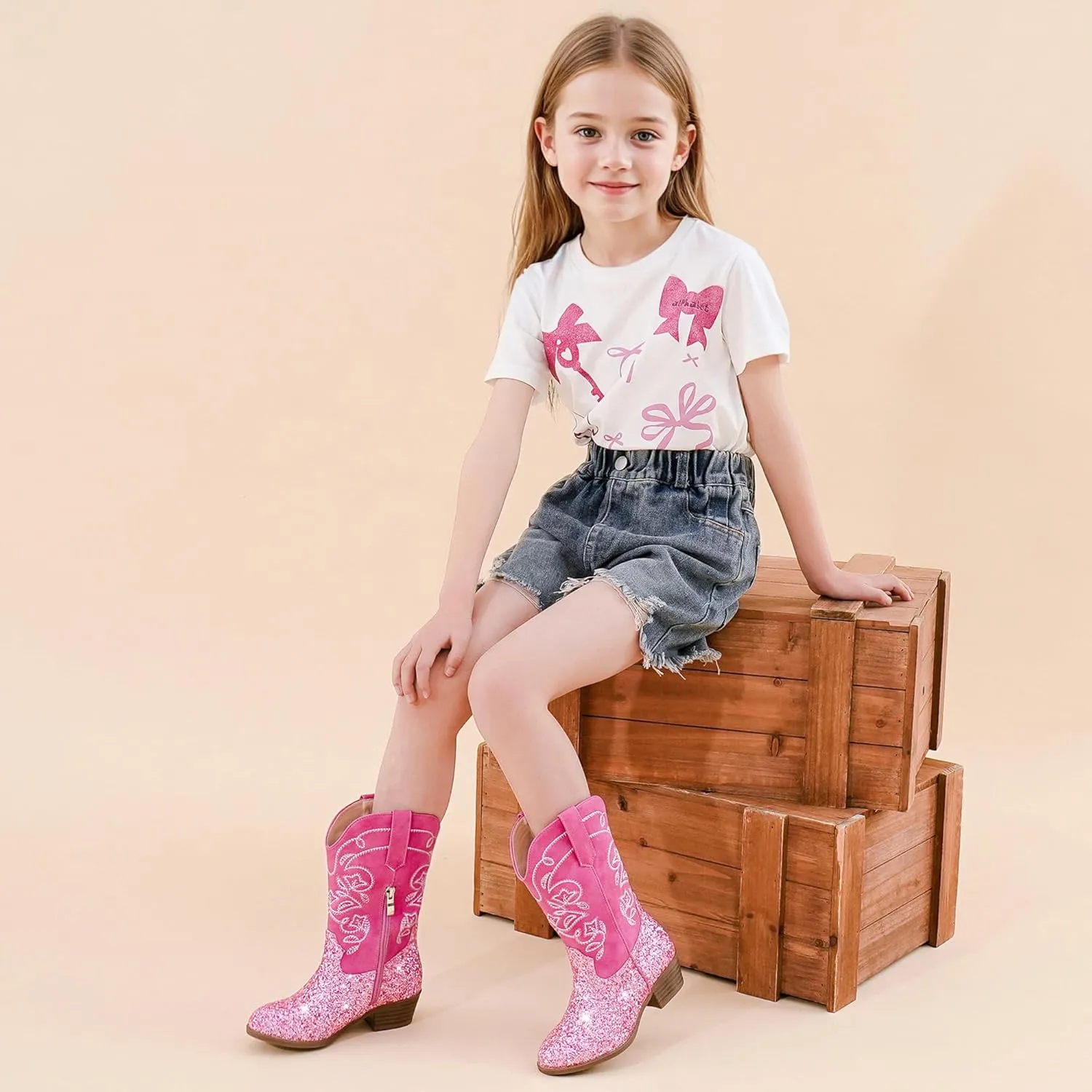 Cowgirl Boots for Girls Mid Calf Youth Girl Cowboy Western Boots Pointed Toe Embroidered for Horse Riding Country Party Toddler Little Big Kids