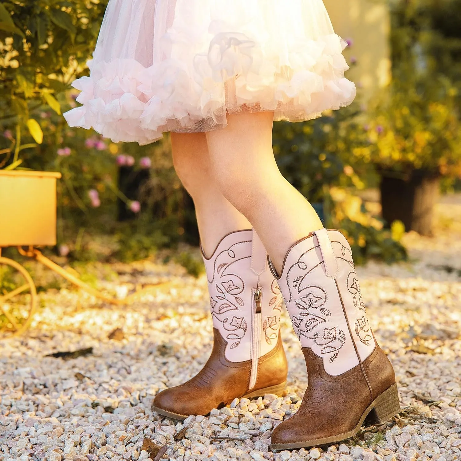 Cowgirl Boots for Girls Mid Calf Youth Girl Cowboy Western Boots Pointed Toe Embroidered for Horse Riding Country Party Toddler Little Big Kids