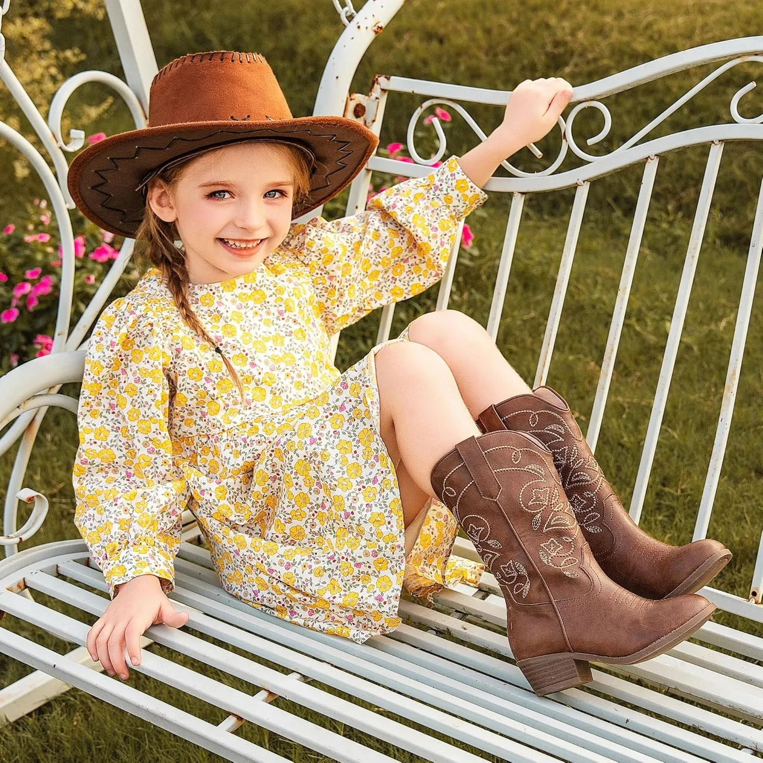 Cowgirl Boots for Girls Mid Calf Youth Girl Cowboy Western Boots Pointed Toe Embroidered for Horse Riding Country Party Toddler Little Big Kids