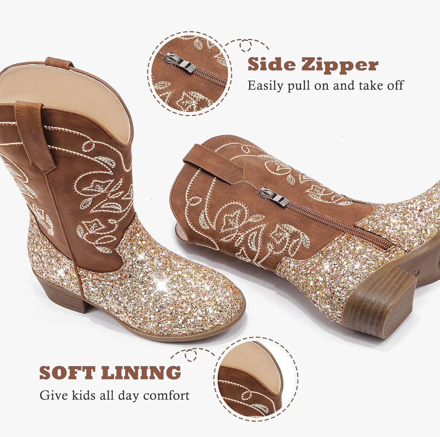 Cowgirl Boots for Girls Mid Calf Youth Girl Cowboy Western Boots Pointed Toe Embroidered for Horse Riding Country Party Toddler Little Big Kids