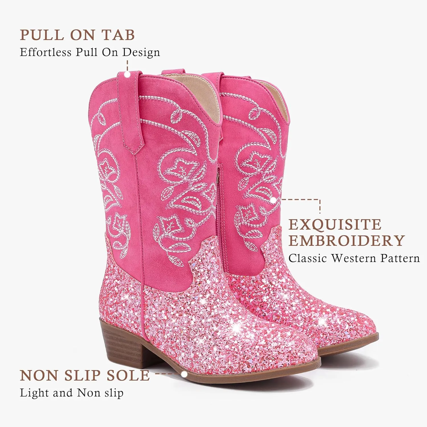 Cowgirl Boots for Girls Mid Calf Youth Girl Cowboy Western Boots Pointed Toe Embroidered for Horse Riding Country Party Toddler Little Big Kids