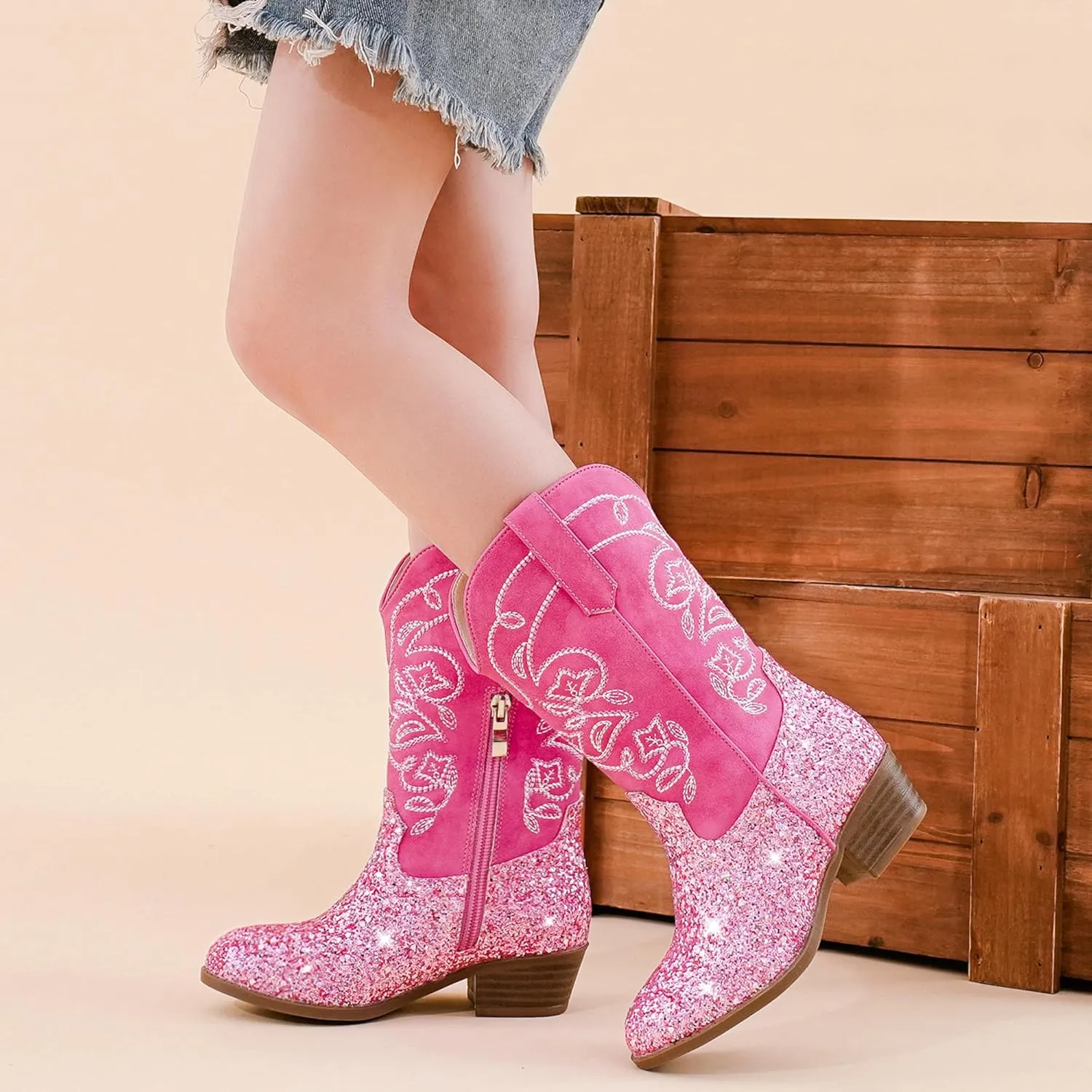Cowgirl Boots for Girls Mid Calf Youth Girl Cowboy Western Boots Pointed Toe Embroidered for Horse Riding Country Party Toddler Little Big Kids