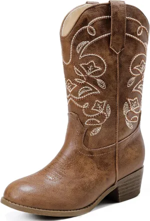 Cowgirl Boots for Girls Mid Calf Youth Girl Cowboy Western Boots Pointed Toe Embroidered for Horse Riding Country Party Toddler Little Big Kids