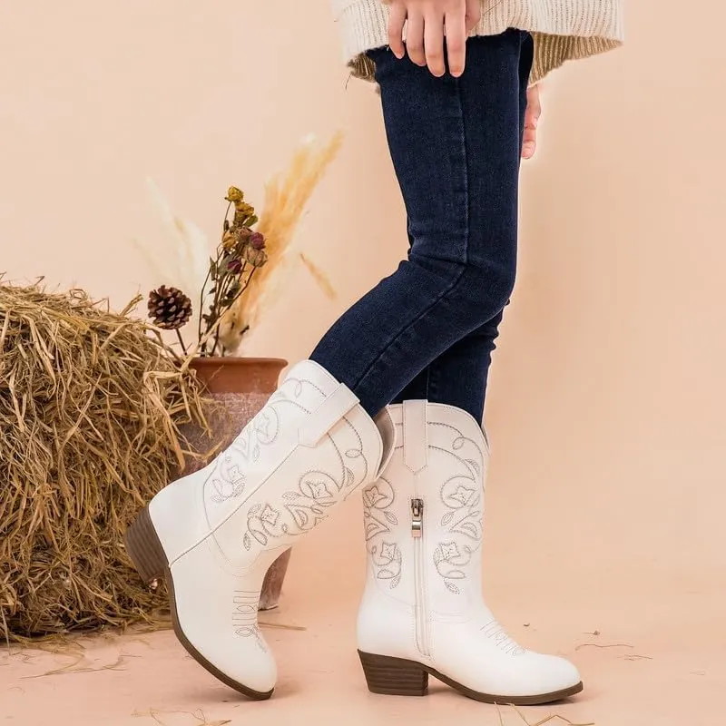 Cowgirl Boots for Girls Mid Calf Youth Girl Cowboy Western Boots Pointed Toe Embroidered for Horse Riding Country Party Toddler Little Big Kids