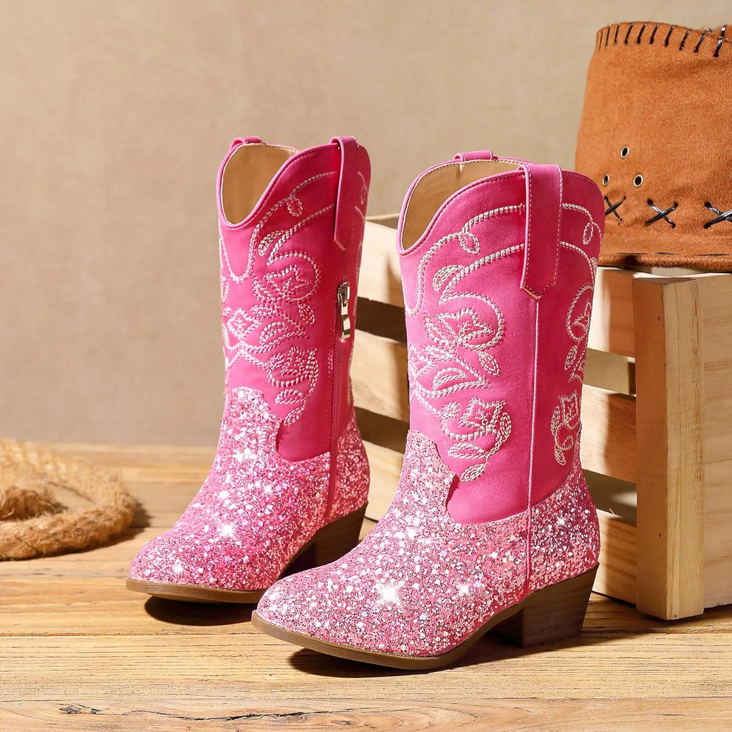 Cowgirl Boots for Girls Mid Calf Youth Girl Cowboy Western Boots Pointed Toe Embroidered for Horse Riding Country Party Toddler Little Big Kids